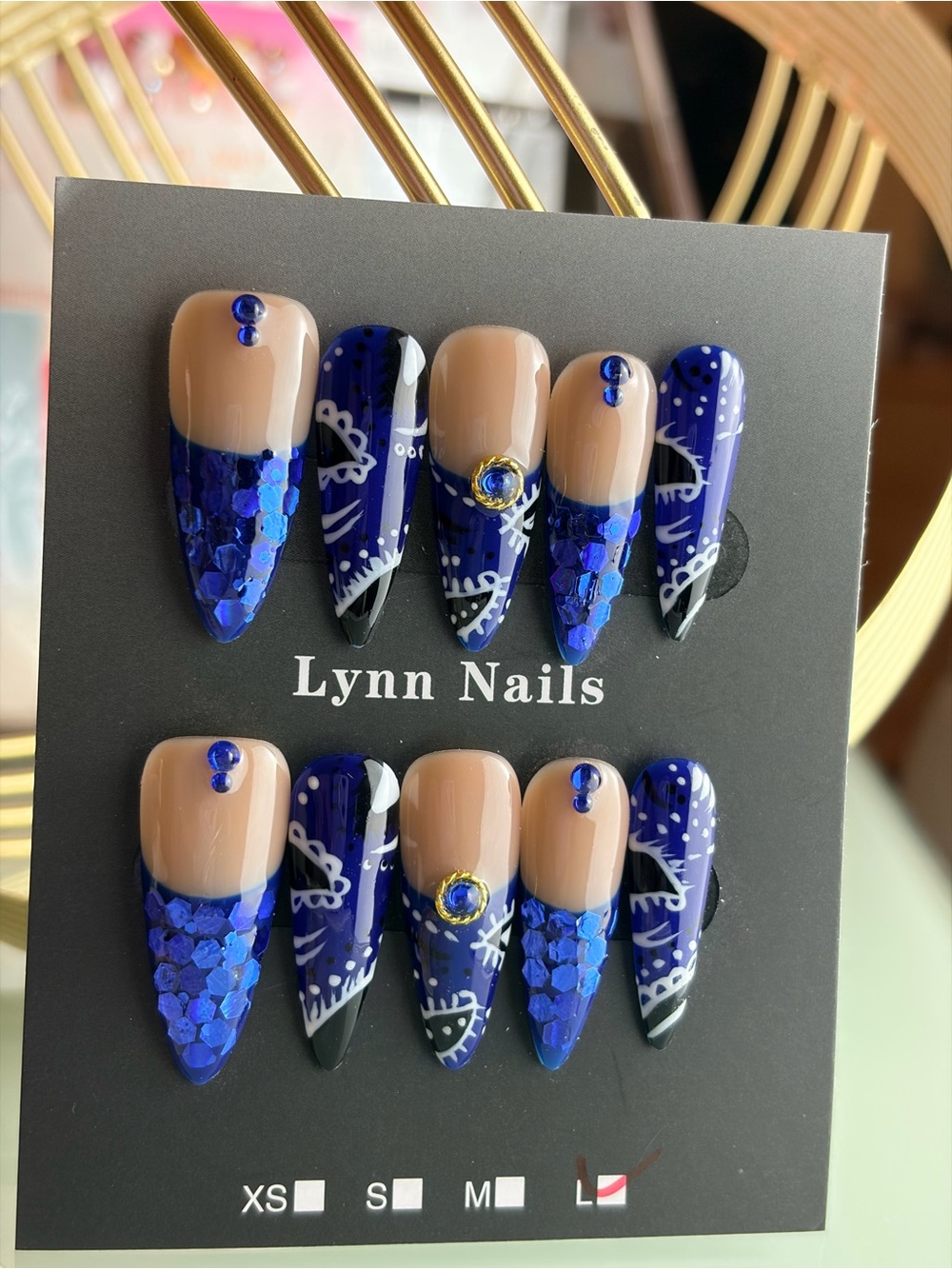 Navy Blue & Nude Press-On Nail Set by Lynn Nails Large